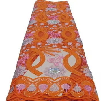 5 Ярда orange нигерийски завързана висококачествени платове от френски чист дантела с камъни, за да нигерийски шивашки голям случайно сватбена рокля