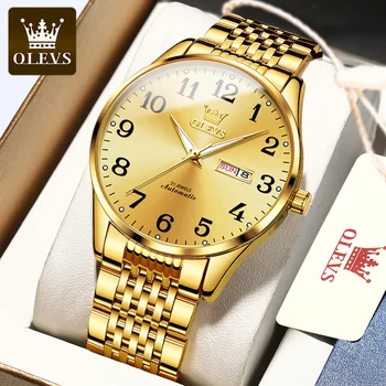 OLEVS Модни златни механични часовници за мъже, водоустойчиви, от неръждаема стомана, с датата на седмица, бизнес мъжки ръчен часовник Relogios Masculino