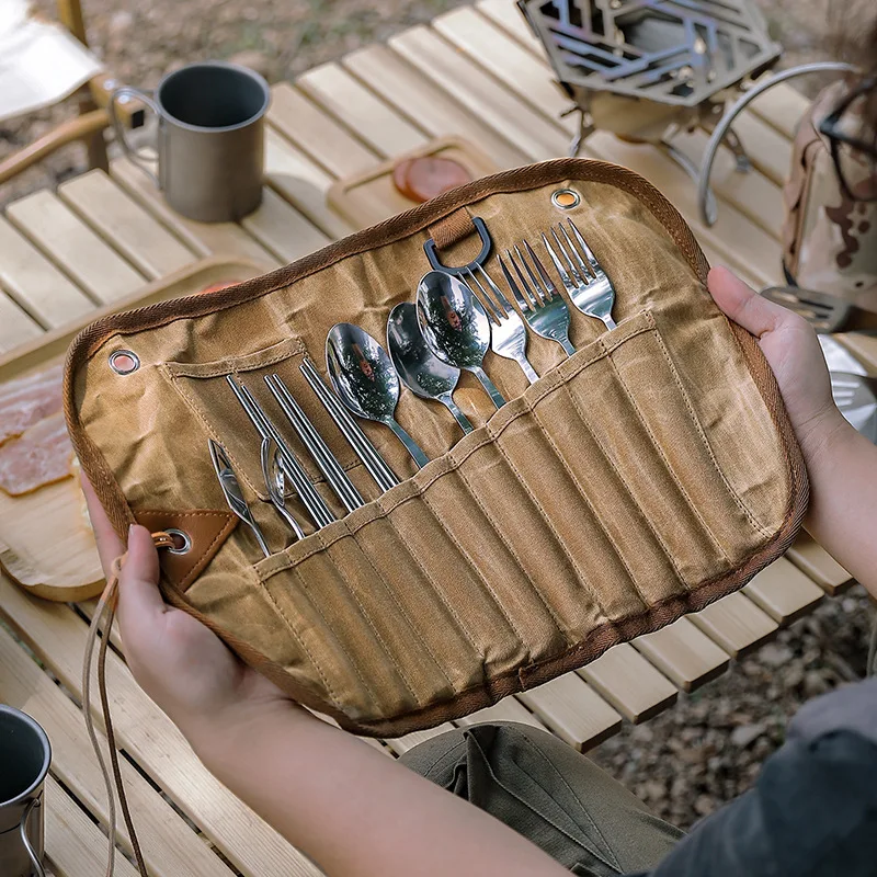 Уличен набор от прибори за хранене от 3 лица, Преносима дървена дръжка, нож за пикник от неръждаема стомана, лъжица, вилица, пръчици за хранене, прибори за хранене с чанта