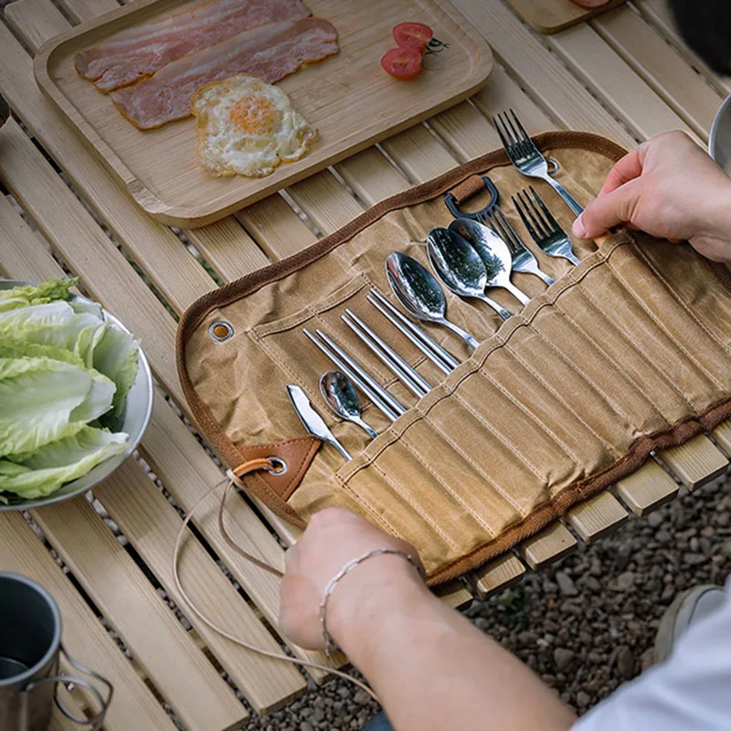 Уличен набор от прибори за хранене от 3 лица, Преносима дървена дръжка, нож за пикник от неръждаема стомана, лъжица, вилица, пръчици за хранене, прибори за хранене с чанта