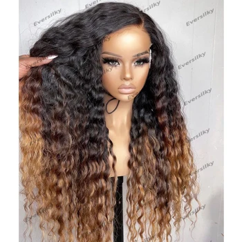 Дълги перуки, изработени от човешка коса Remy Без лепило, Пълно дантелено Омбре Златисто-кафяв цвят, натурална вълна, плътност 180 см, черни женски перуки от естествена линия на растеж на косата