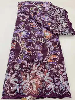 Нигерийская лейси плат с пайети 2023 лилав цвят, качество на африканския дантела, френски тюл, лейси плат с 3D бродерия с пайети, вечерна рокля