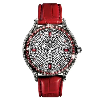 Часовник с голям циферблат, червени Коледни кръгли кожени часовници с кристали, кварцов показалеца, сдвоени часове